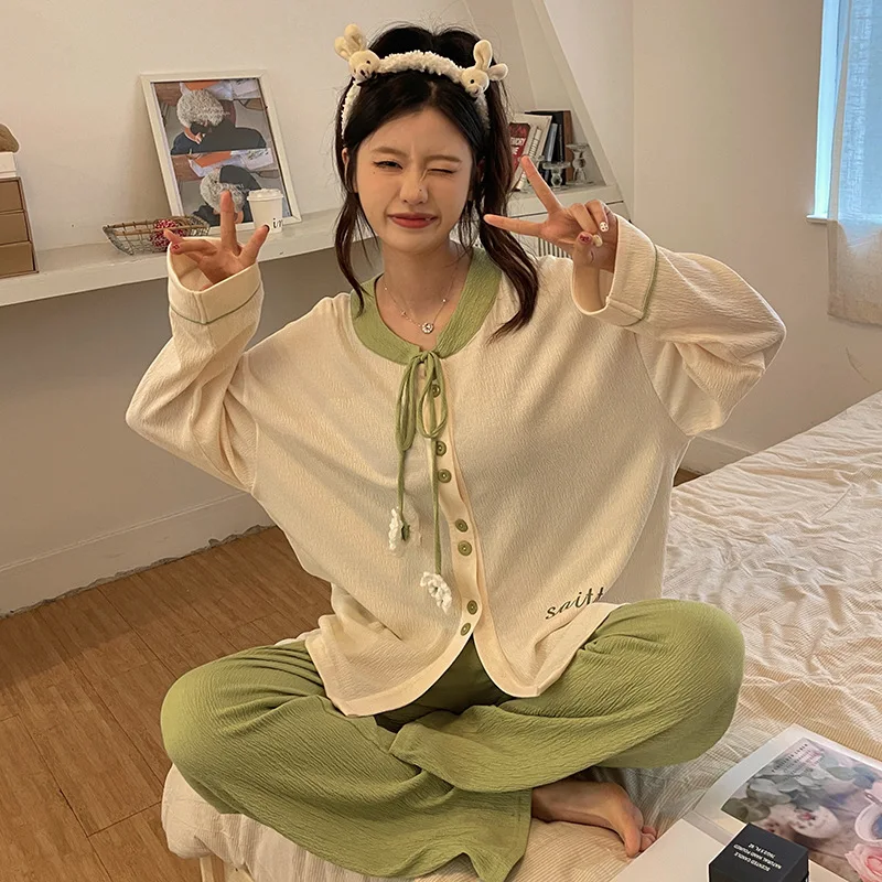 Women 2 Pieces Pajamas Sets Cotton Pijama Print Female Pyjama Sleepwear Long Sleeve Lapel Shirt Pants Suit Homewear Loungewear