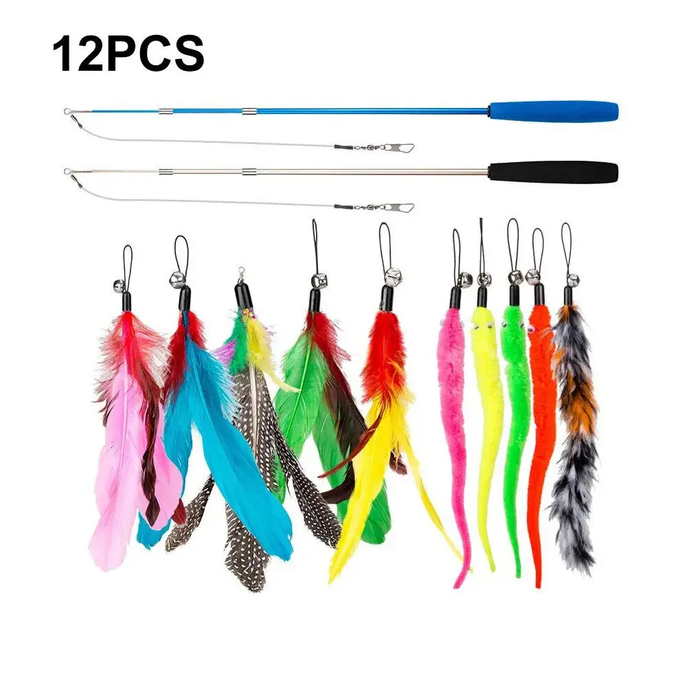 Cat Teaser Toy 12Pcs Replacement Cat Feather Toy Set Cat Teaser Wand Toy for Kitten Interactive Training Playing Stick Supplies