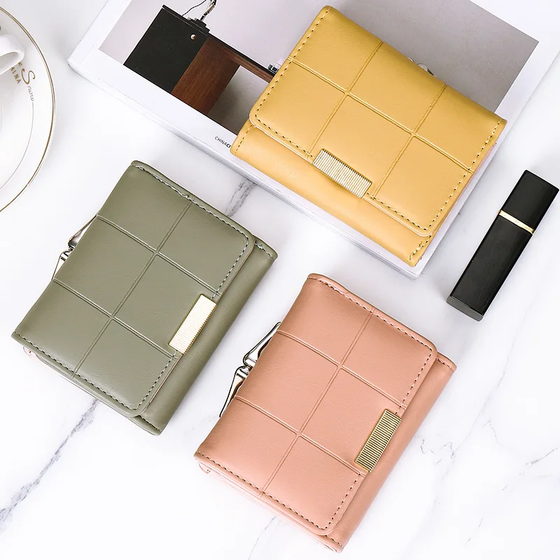 

New Small Purse Female Short Three-fold Multi-card Large Capacity Buckle Solid Color Simple Student Purse Female