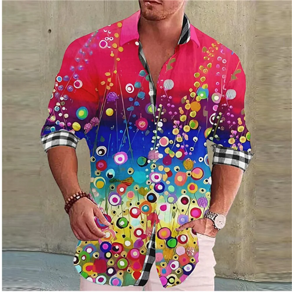 

Fashionable Men's Long Sleeve Lapel Retro Colorful Flower Pattern Casual Loose Shirt Soft Comfortable Silky Men's Top