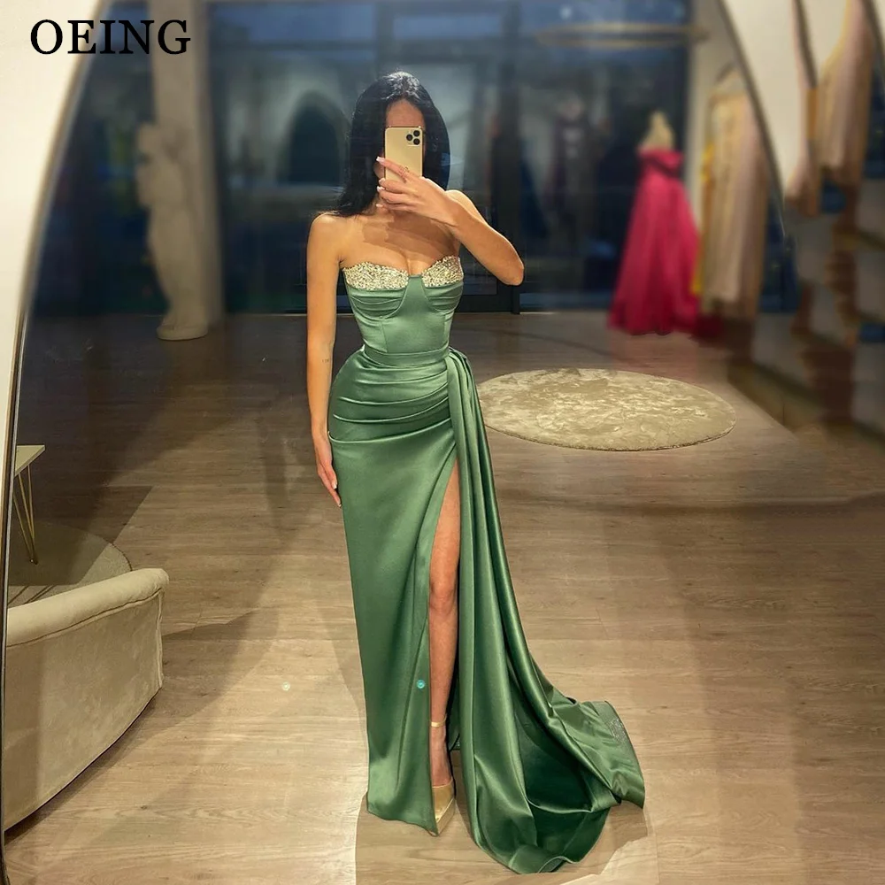 

OEING Shiny Strapless Sequin Mermaid Prom Dresses Simple Side Split Ladies Party Dress Long Event Formal Occasion Evening Gowns