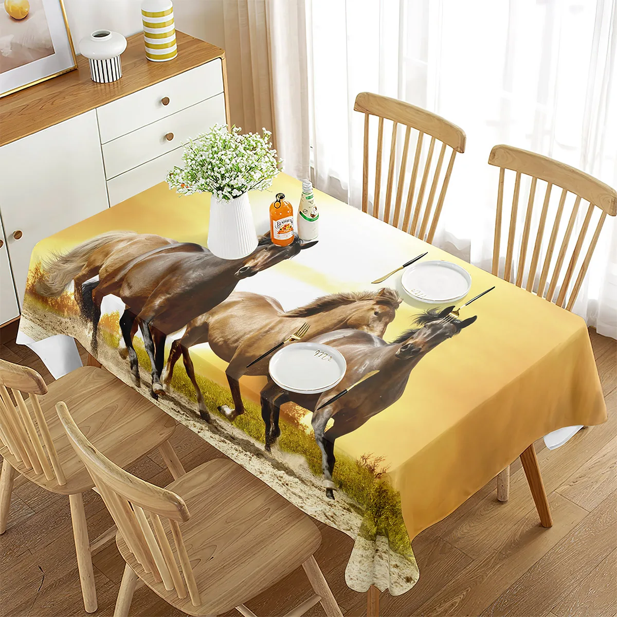 Tablecloth Rectangular Running Horse Grassland Animal Sunset for Home