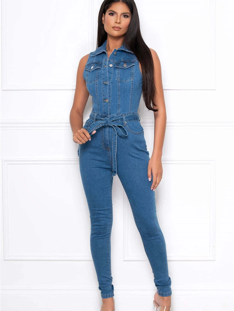 

Streetwear Jean Jumpsuits Women Summer Clothes Sleeveless With Belt Bodycon Denim Rompers Playsuits One Pieces Overalls Outfits