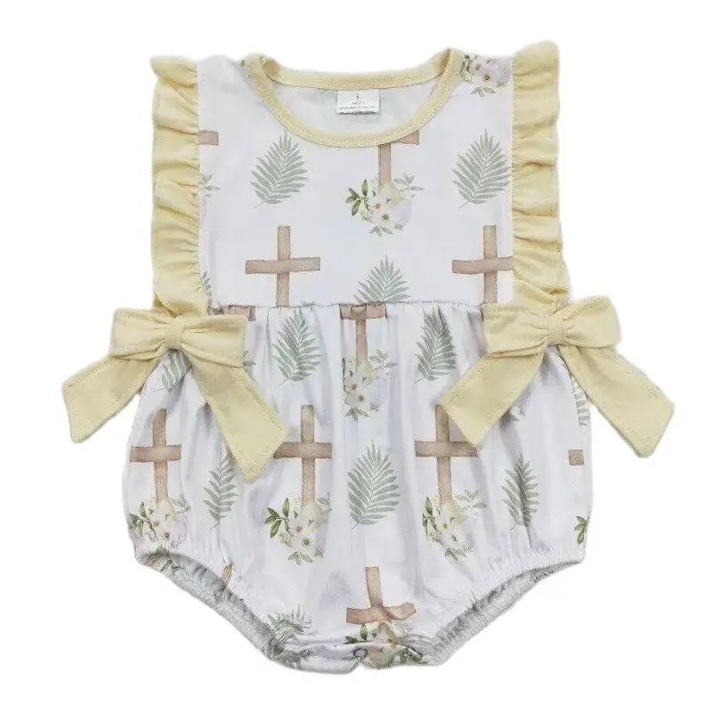 

RTS Baby Girls Newborn Infants Easter Ruffle Bows Sleeveless Spring Snaps Rabbits Cross Boutique One Piece Rompers