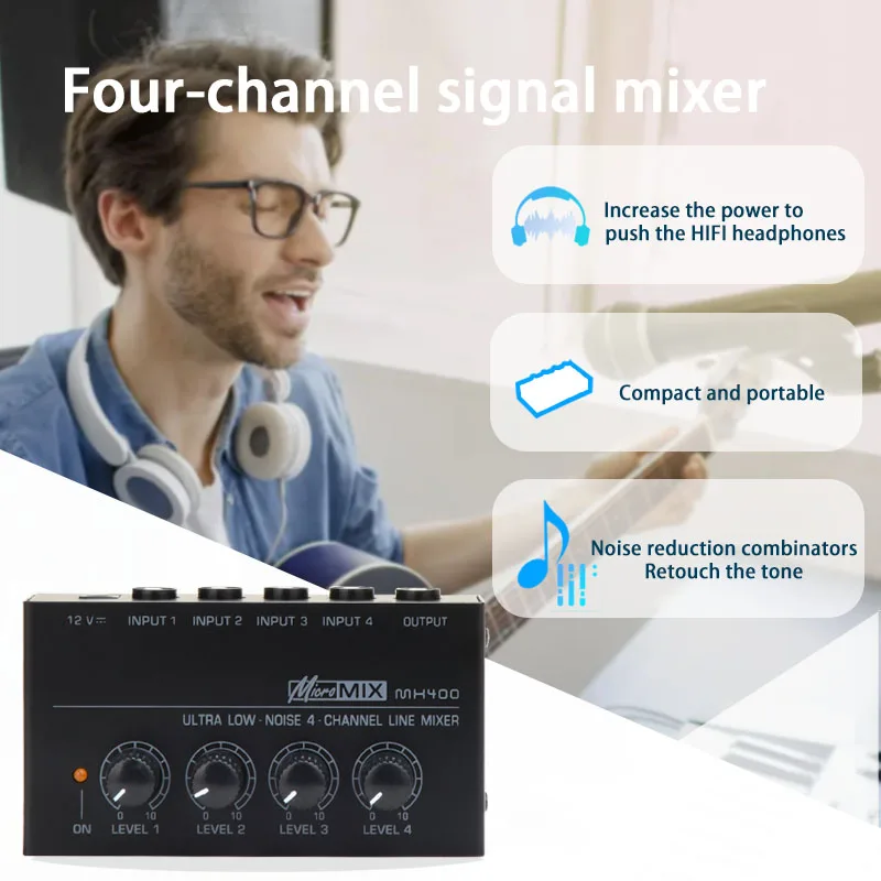 Professional 4-channel stereo mixer to increase output power and improve sound quality ultra-low noise mixer for live audio