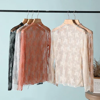 Elegant Sexy Women's Mesh T-Shirts Long Sleeve Lace See Through Blouse Versatile Bottoming Shirt Girls Sheer Tees Body Crop Top 1