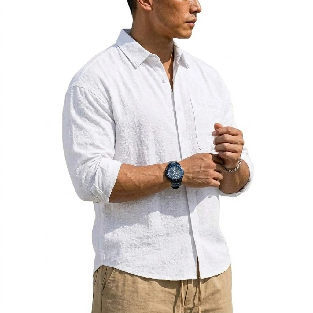 Men's Long Sleeve Linen Shirt Premium Korean Luxury Breathable Button-Up Summer Elegant 4