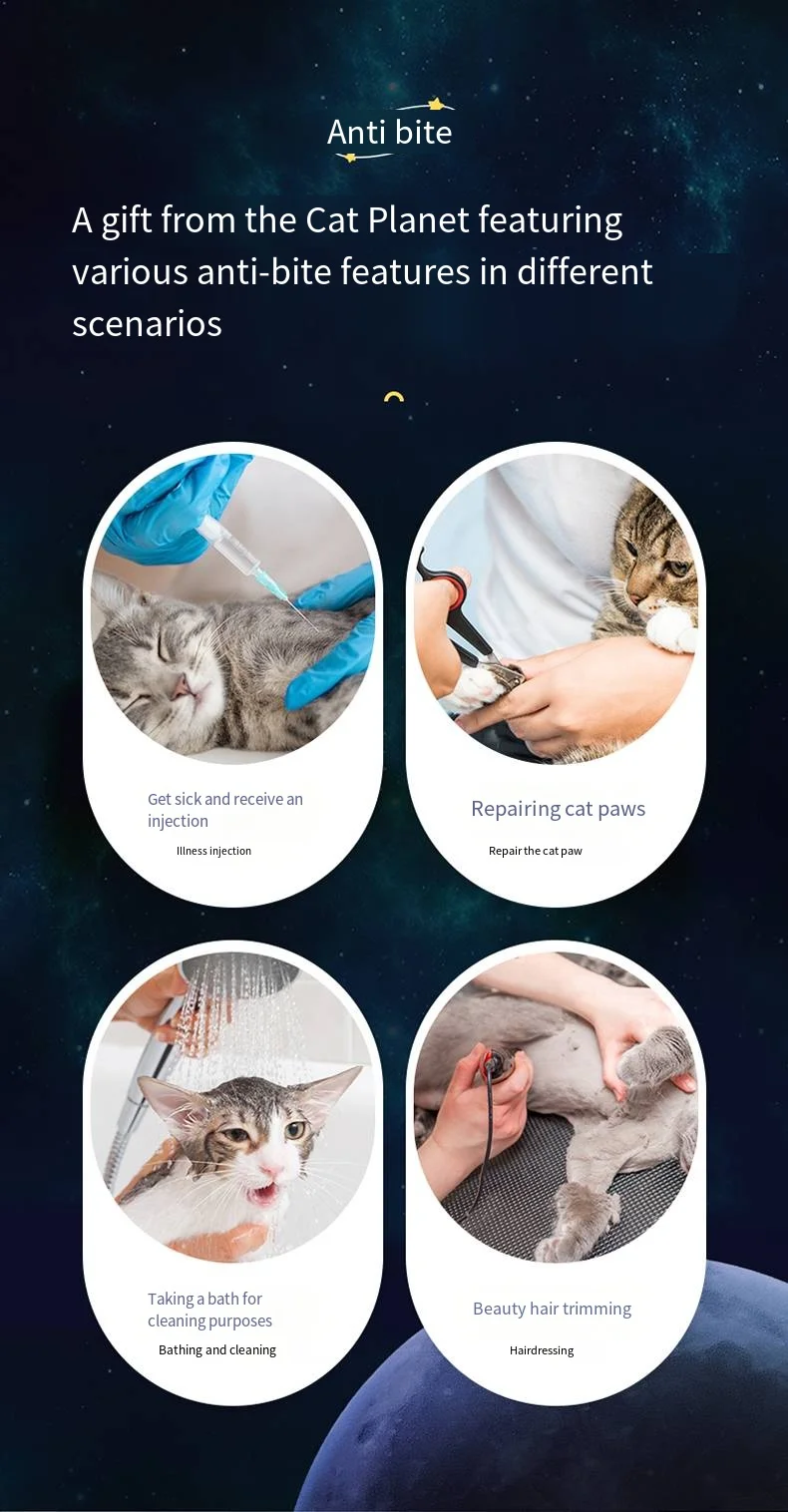 Four circular lifestyle images showing the cat muzzle being used for vet injections, repairing cat paws, bathing, and professional hair trimming.