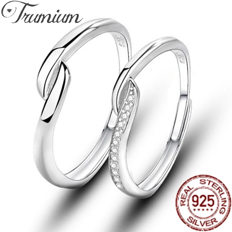 

Trumium 1Pair 925 Sterling Silver Engagement Rings Wave Design Wedding Rings for Couple Adjustable Ring Lover Jewelry Gifts