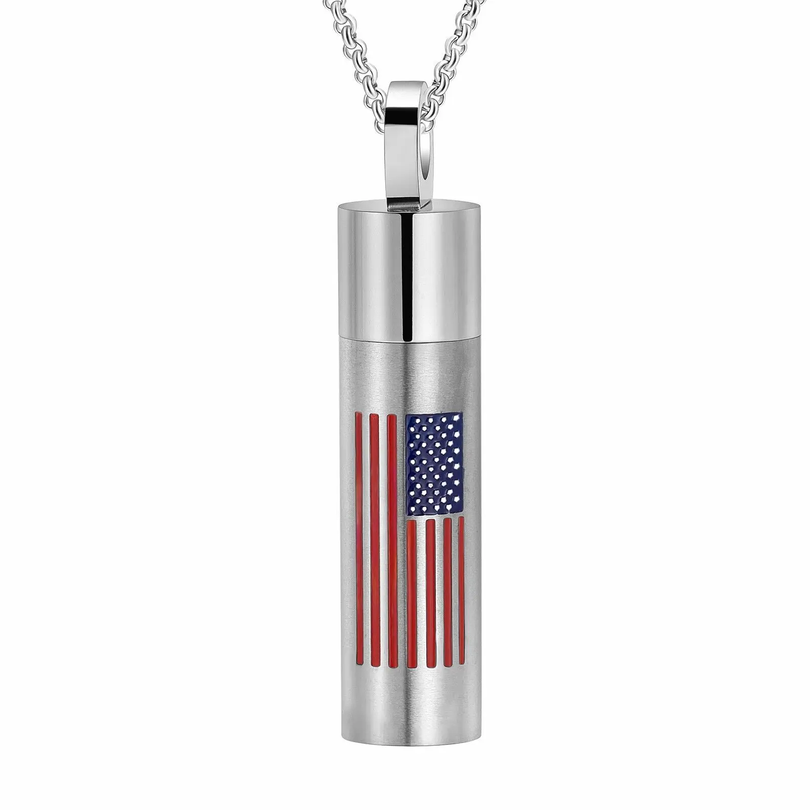 

American Flag Cylinder Pendant Urn Necklace for Ashes Memorial Cremation Keepsake Stainless Steel Necklaces Free Shipping