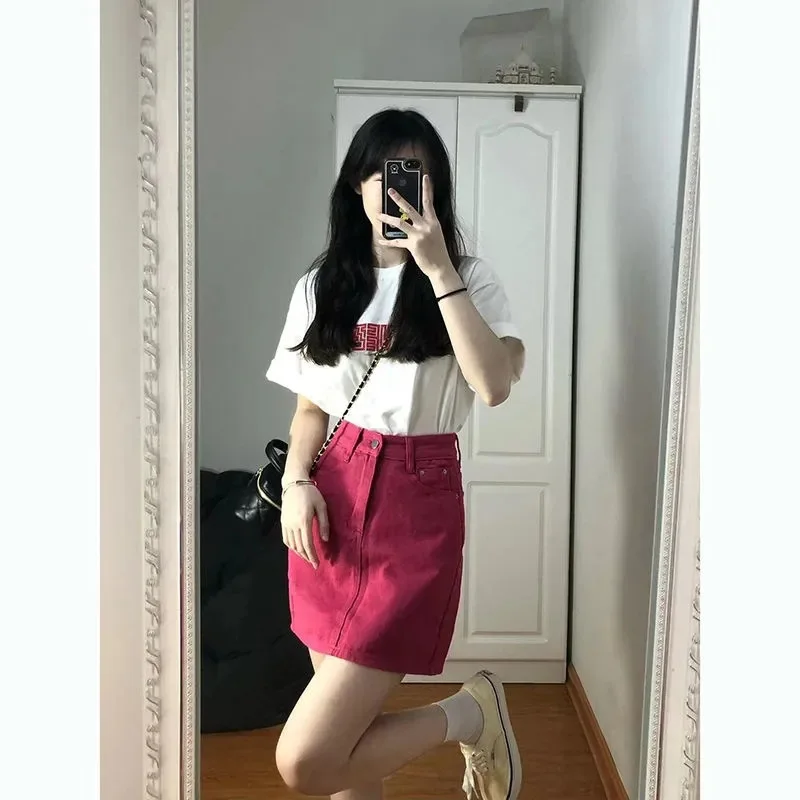 Rose Red Denim A Line Skirt for Women Autumn Party