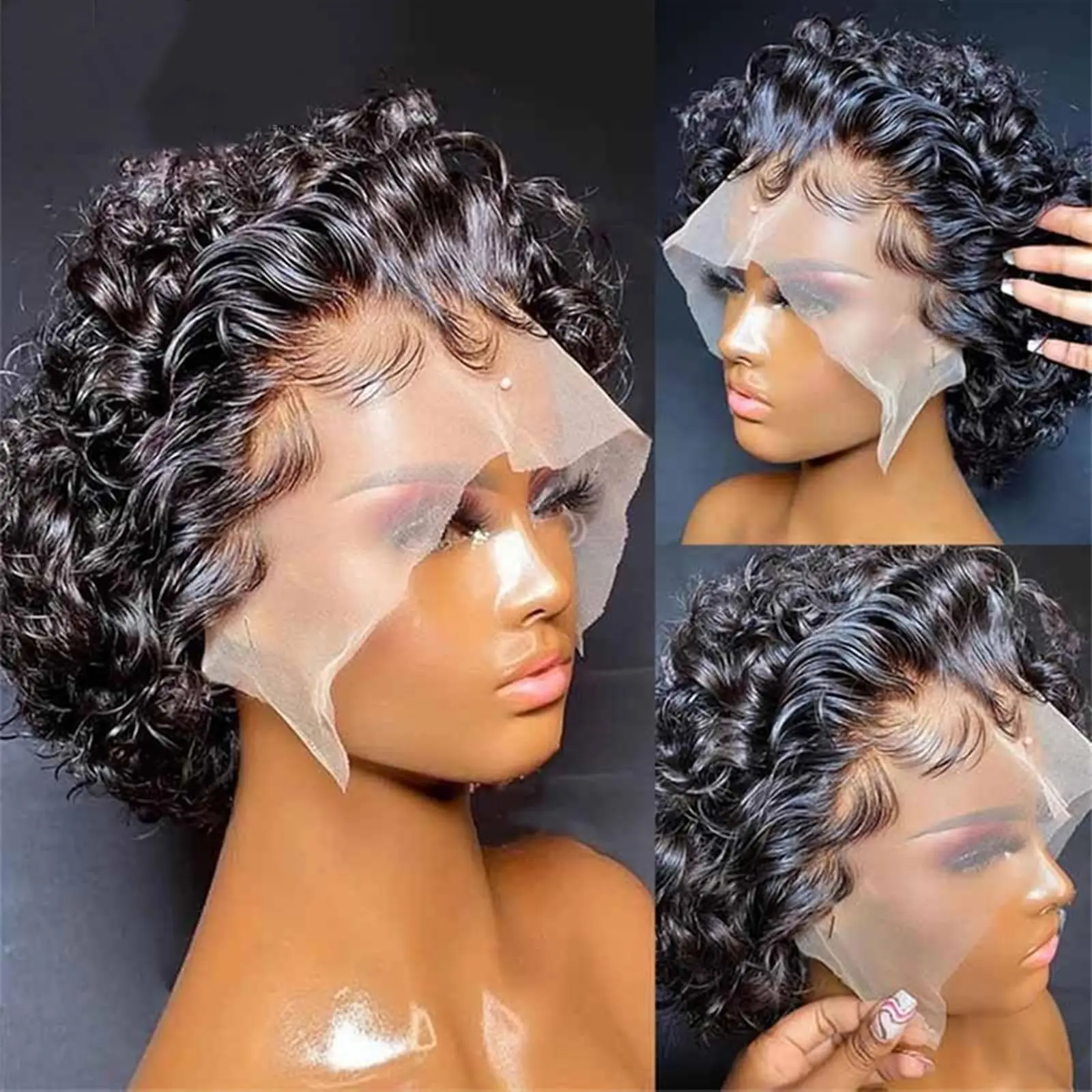 S0b1ca58bd6564e4e804cc840d3ed0b0ap Pixie Cut Wig Lace Wigs Deep Wave 13x4 Lace Frontal Wig Transparent Curly Short Bob Wig 13x1 Lace Wig Prepluck Remy Human Hair Mallzona