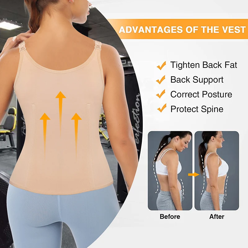 Women Waist Trainer Vest Slim Corset Neoprene Sauna Tank Top Zipper Front Hooks Inside Weight Loss Body Shaper Under Bust Shirt