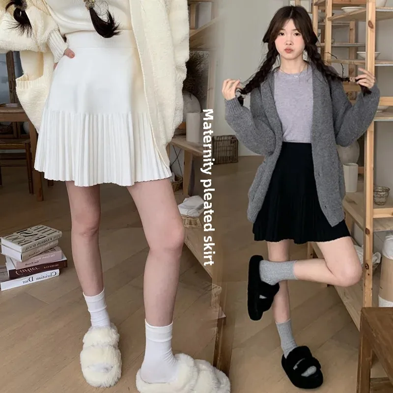 Pregnant Women's Knitted Mini Skirt Autumn Winter Outerwear A- Line Midi Skirt Versatile Half-length Short for Women