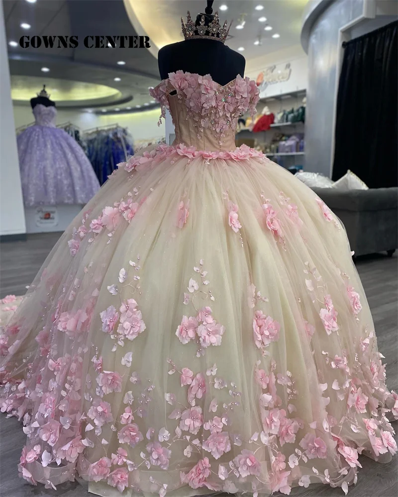 

2024 Pink Floral Appliques Lace Ball Gown Quinceanera Dresses Off The Shoulder 3D Flowers Beading Corset Sweet 15 Girls Party