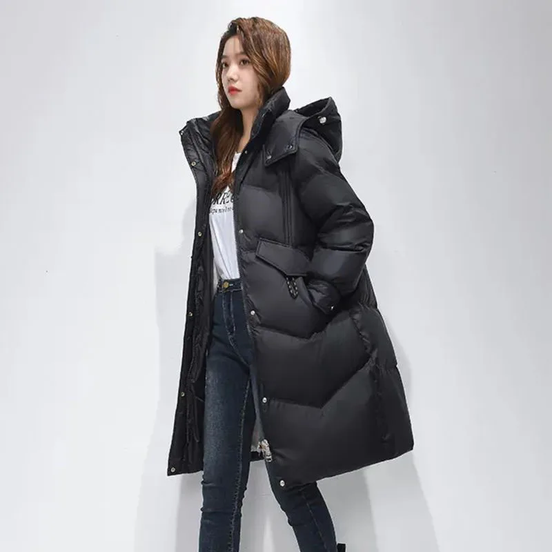 

New Women's Korean Long Down Jacket Winter Warm 90% White Duck Down Coat Fashion Snow Female Detachable Hooded Parker Overcoat