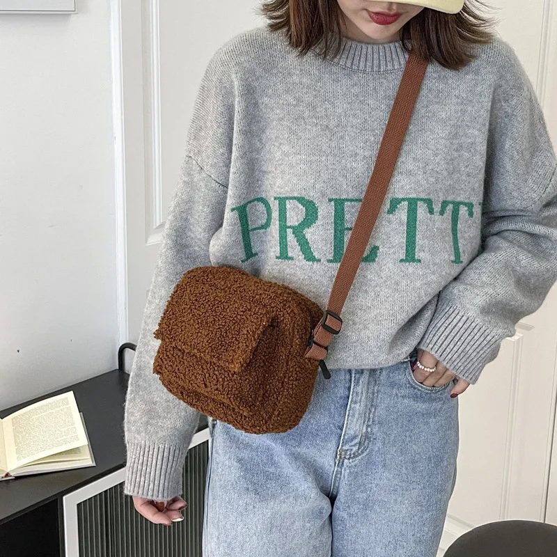 Women's Plush Lambswool Crossbody Bag - Soft Faux Fur Shoulder Purse, Winter Fashion Fluffy Handbag, Designer Mini Bag