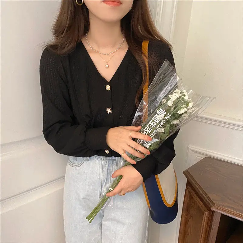 Women's Elegant Fashion V-neck Chic Sweet Buttons Cardigan Coat Spring Autumn Casual Street Solid Long Sleeve Slim Tops Clothing