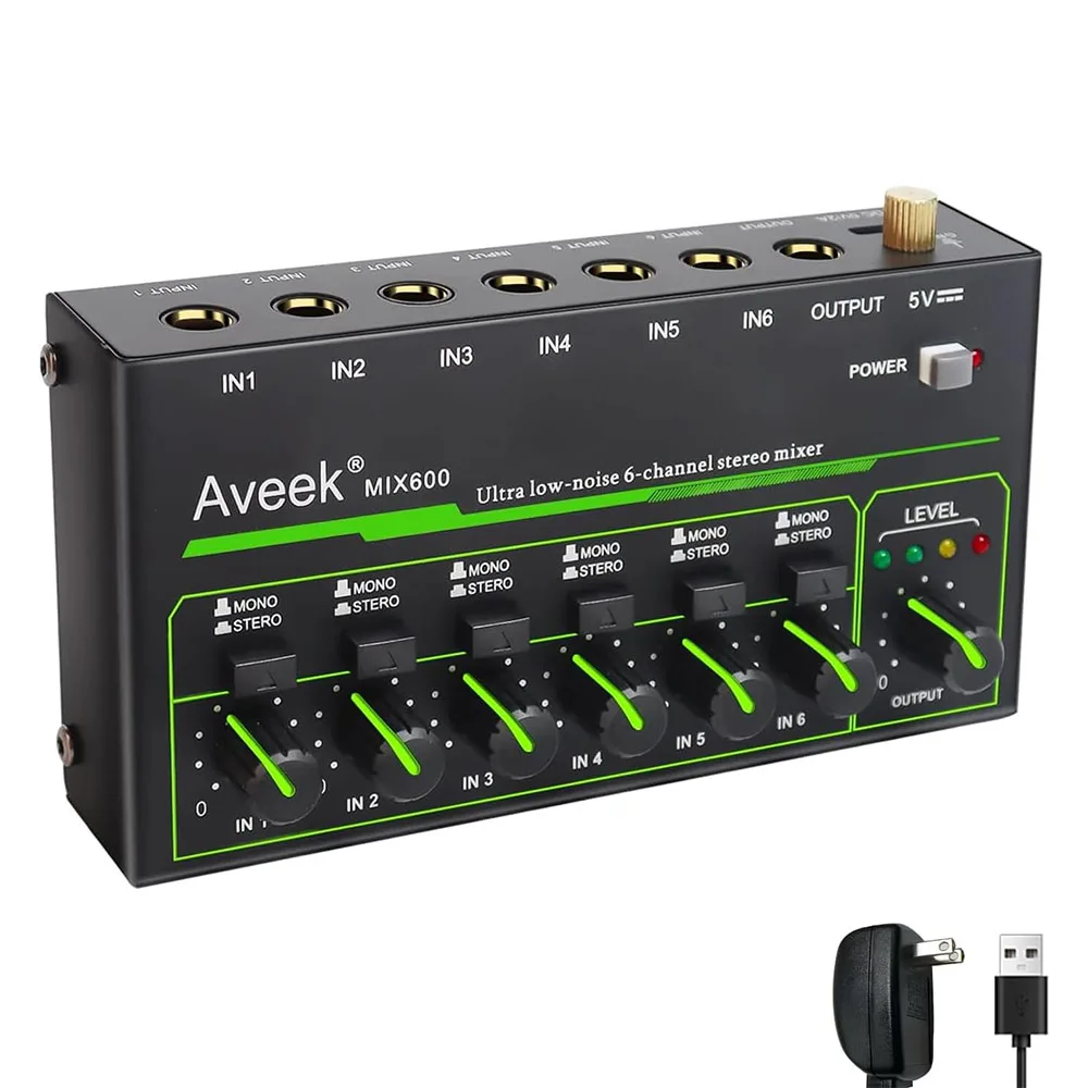 Aveek 6 Channel Mixer-Mini 6 Stereo Audio Mixer, Low-Noise for Precision Sub-Mixing,1/4" TRS Input/Output Ideal for Mics