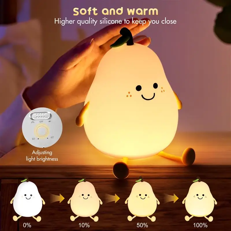 

LED Pear Fruit Night Light 7 Colors Changing And Timer Dimming Touch Bedside Lamp USB Rechargeable Bedroom Decor Cute Kid Gift