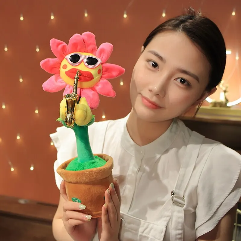 35cm Electric Sunflower Stuffed Plush Doll Much Songs USB Saxophone Dancing Singing Sunflower Toys Funny Children Toy Gift plush toys electric interactive toy