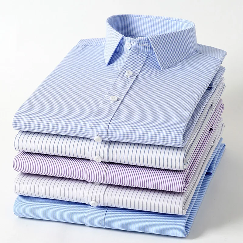 남자 셔츠  남성용 대나무 섬유 격자 무늬 셔츠, 스트라이프 블루 캐주얼 비즈니스 긴팔 셔츠, 스트리트웨어 슬림핏 셔츠, 4XL 5XL 6XL 7XL 8XL 
