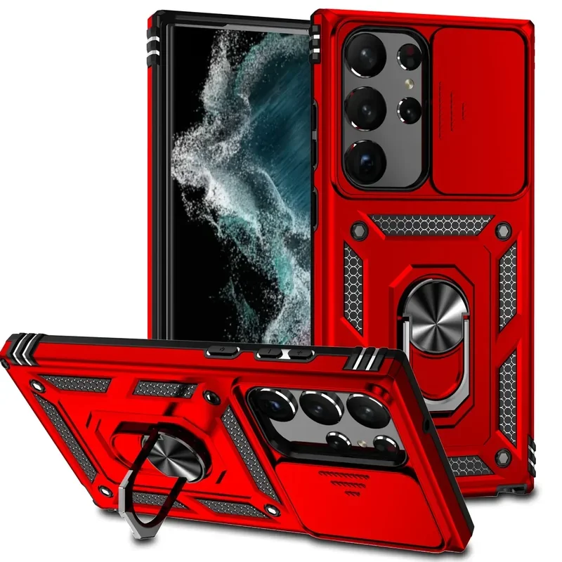 Shockproof Hybrid Dual Layer Magnetic Ring Stand Case with Slide Camera Protection Cover