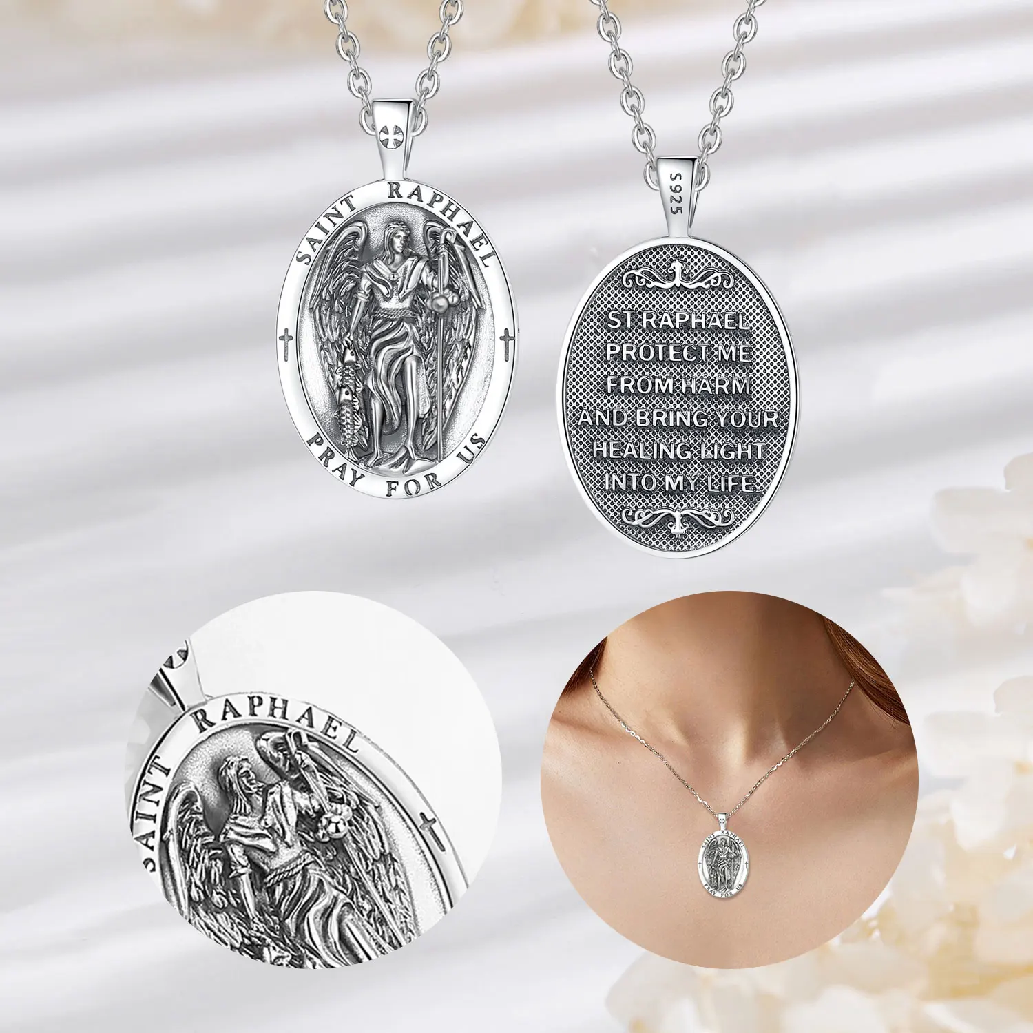 Eudora 925 Sterling Silver Saint Raphael Archangel Necklace Religious Amulet Pendant Vintage Jewelry Personality Gift For Men pendant necklace silver pendant