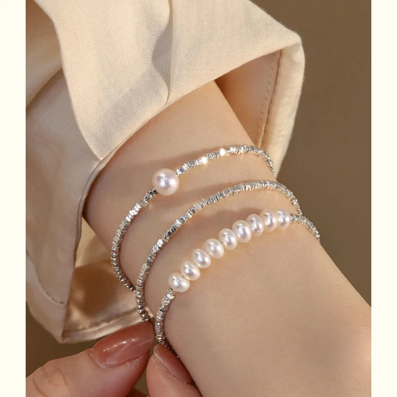 

Broken silver natural freshwater pearl niche design ins cool style sterling silver bracelet for women