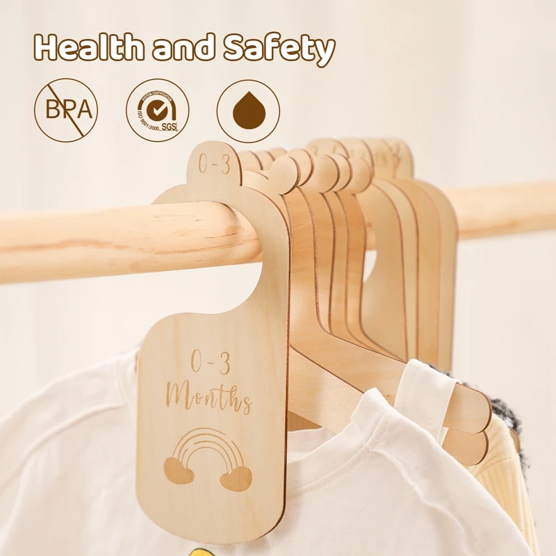 7Pcs Baby Closet Size Dividers Wooden Baby Closet Organizer Hooks 0-24 Months For Home Nursery Decoration