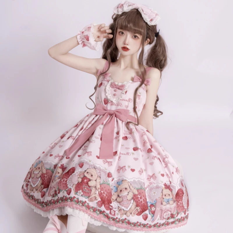 Sweet Lolita Jsk Dress Strawberry Cartoon Cute Rabbit Print