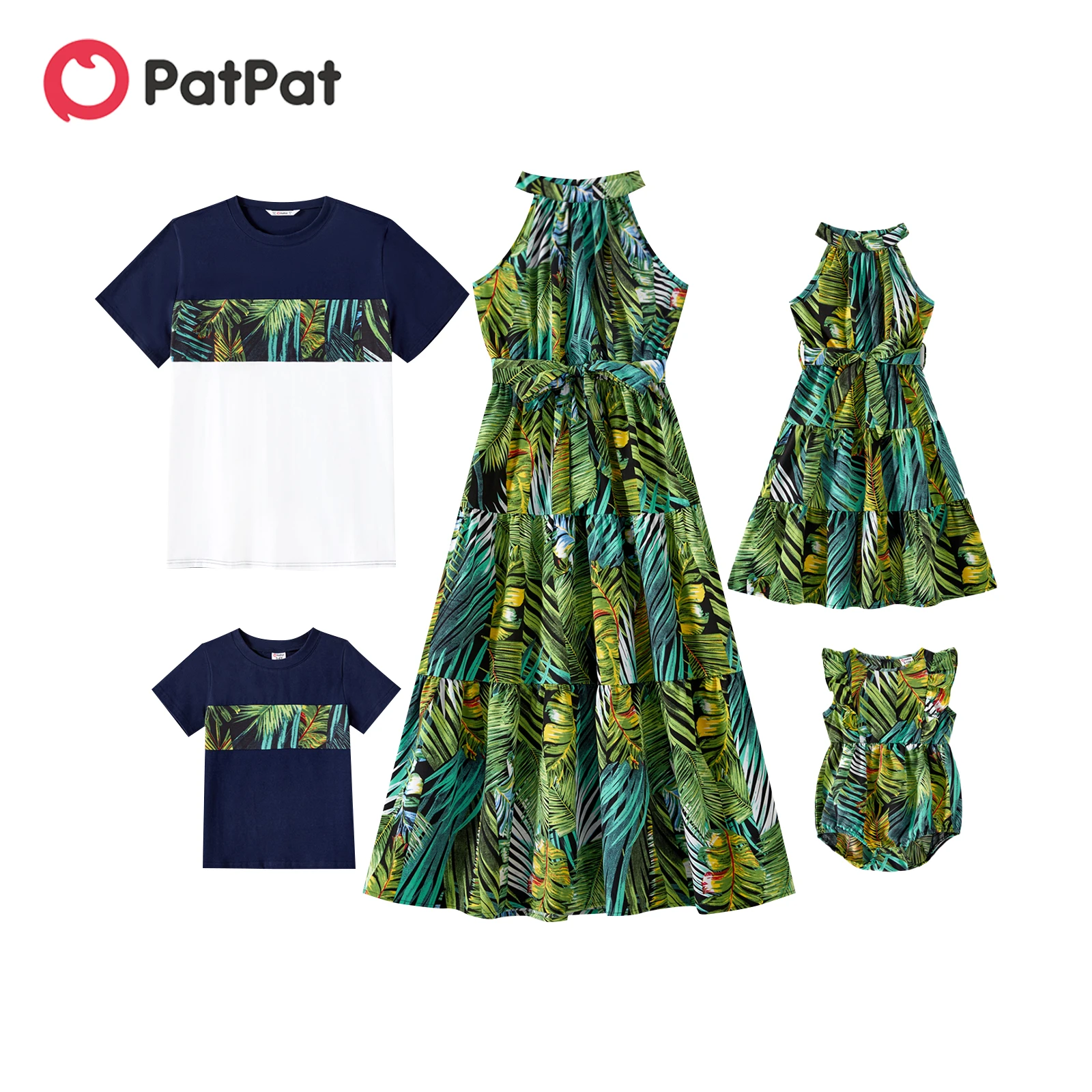 

PatPat Family Matching Outfits 95% Cotton Allover Tropical Plant Print Halter Midi Dresses Short-sleeve Colorblock Tee Sets