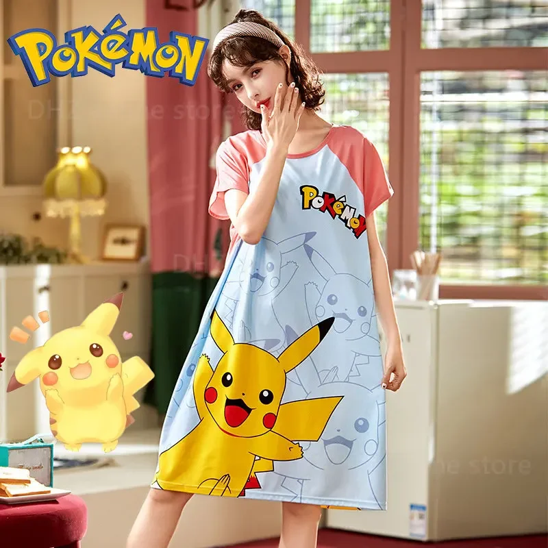 Pokemon Pikachu Women s Adult Summer Nightdress Large Size Cute Animation Girls Pajamas Loose Breathable Short