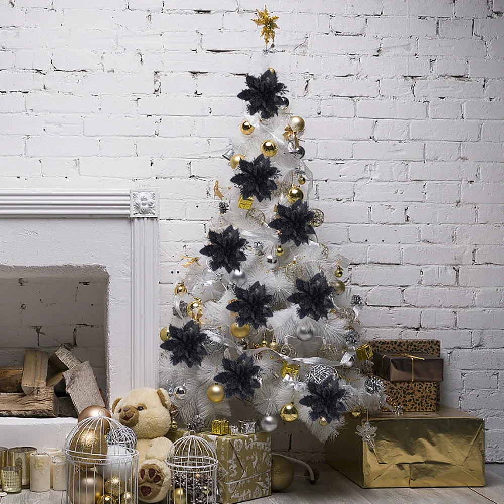 Glitter Artificial Christmas Flowers 12PCS 14cm with Clips Xmas Tree Ornaments for Home New Year Gifts Navidad