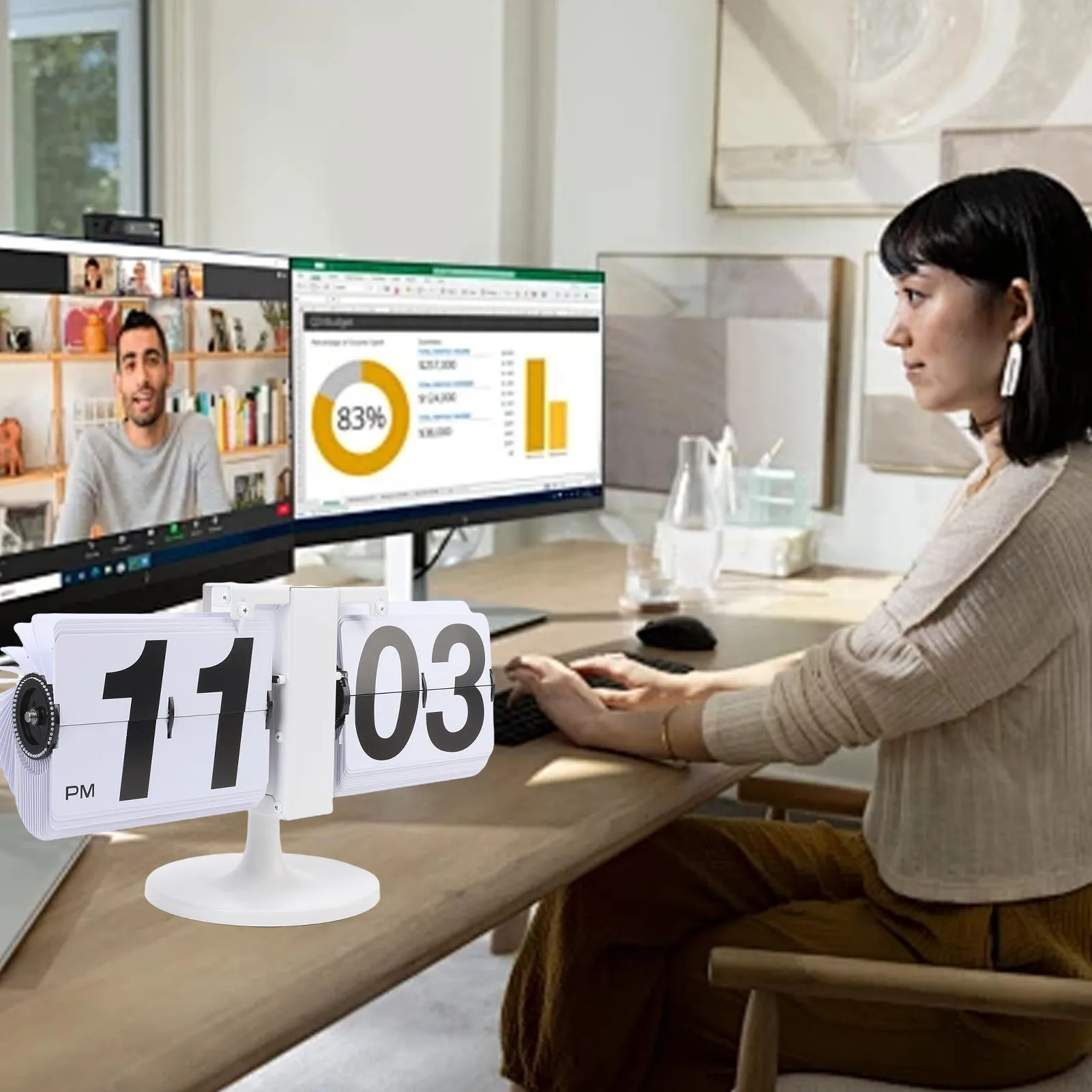 Mechanical  Clock 12 Hours 304 Stainless Steel PVC  Desk Clock Battery Powered Automatic Page Turning Quiet for Office