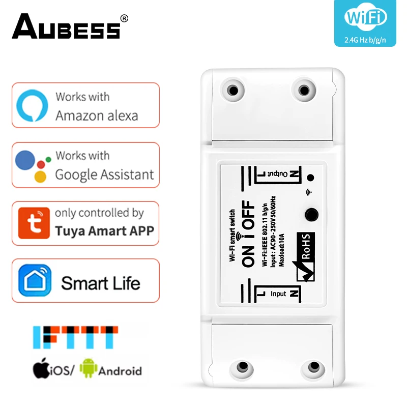 

Aubess Wifi Tuya Smart Light Switch Moudle 10A Breaker Timer APP Wireless Remote Control Work With Alexa Google Home