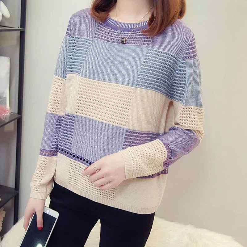 thumbnail image 1 of Jersey de punto a rayas con retazos de Rimocy para mujer, suéter informal de cuello redondo para otoño e invierno, jersey básico de manga larga que combina con todo para mujer, 1 of 5