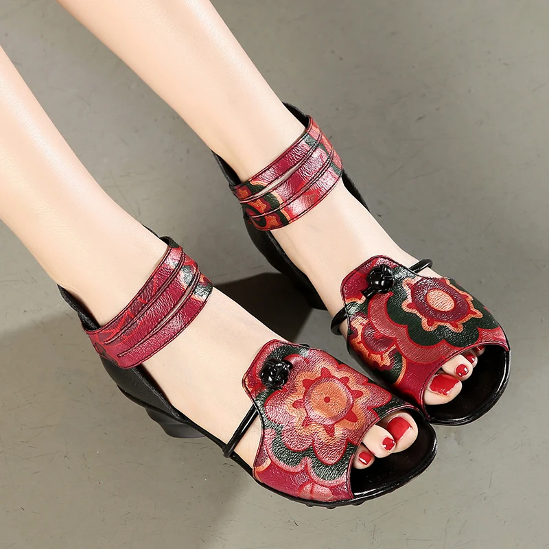 

6cm New Ethnic Print Genuine Leather Authentic Elegance Women Peep Toe Fashion Hook Sandals Designer Platform Wedge Summer Shoes