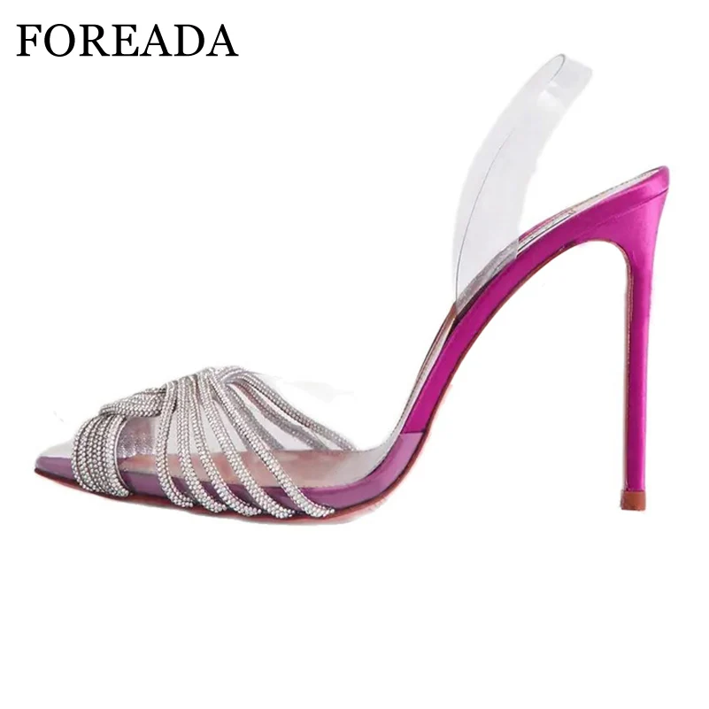 

FOREADA Women Pumps Pointed Toe Thin High Heel Transparent Crystal Ladies Fashion Career Shoes Summer Silver Light Blue Peach 45