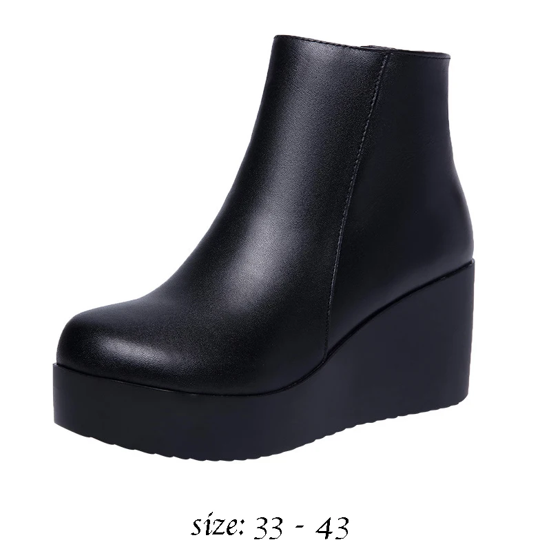 High quality short ankle leather boots for women 7cm mid heel platform new 2023 autumn winter elegant 33 42 43 lady shoe - black