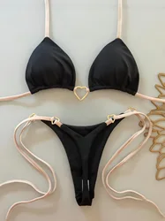 Solid Color White Bikini with Low Waist Lace - up Design - Two - Piece Women's Swimsuit Set - S (Black)