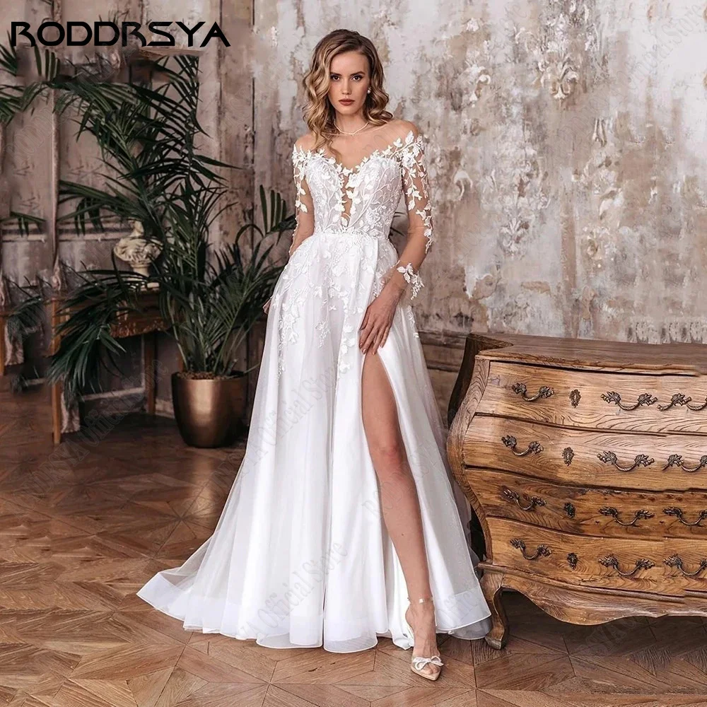 

RODDRSYA Civil Wedding Dress For Brode Long Sleeves Scoop Backless Bride Gowns Side Split A-Line vestido noiva boho Custom Made