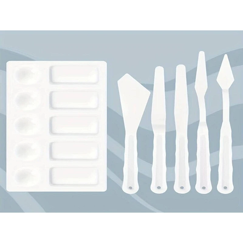 Bview Art 1Pcs 10 Holes Square Paint Tray Palette +5Pcs Palette Knifes Artist DIY Graffiti Oil White Plastic Paint Container Box