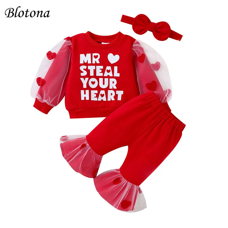 

Blotona Baby Girls Valentine's Day Set Long Sleeve Heart Letter Print Sweatshirt Red Flare Pants Headband 3Pcs Outfit 3-24Months