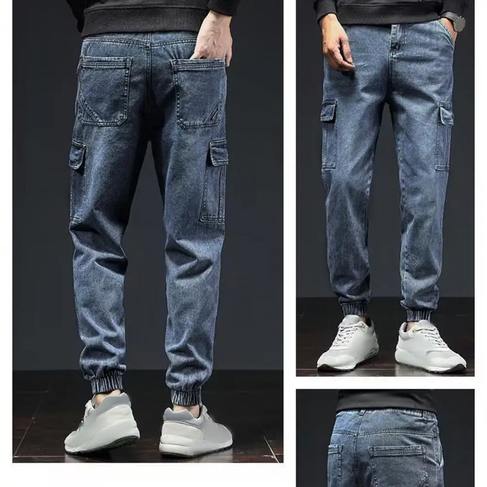 

Solid Color Trousers Retro Streetwear Men's Cargo Pants with Ankle-banded Elastic Waist Multi Pockets in Plus Size Men Cargo