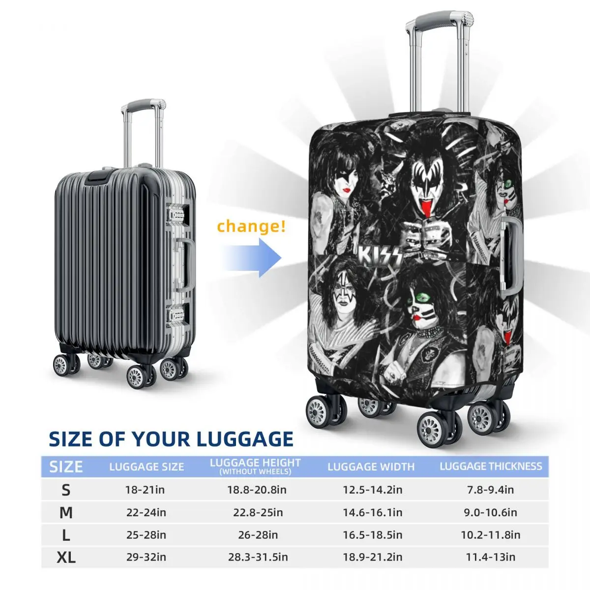 Kiss Band Print Suitcase Cover Colour Splash with Logo Elastic Business Protector Luggage Accesories Vacation 6