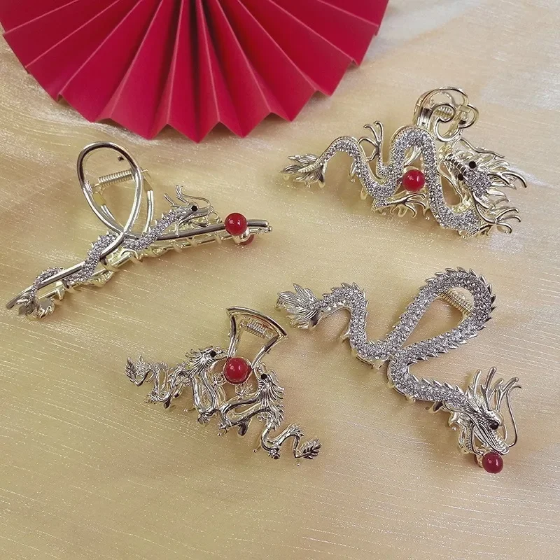2024 New Chinese Dragon Year Hair Clips Hair Accessories for Women Girl Red Bead Metal Rhinestone Hair Pin Fashion Jewelry Tiara 6