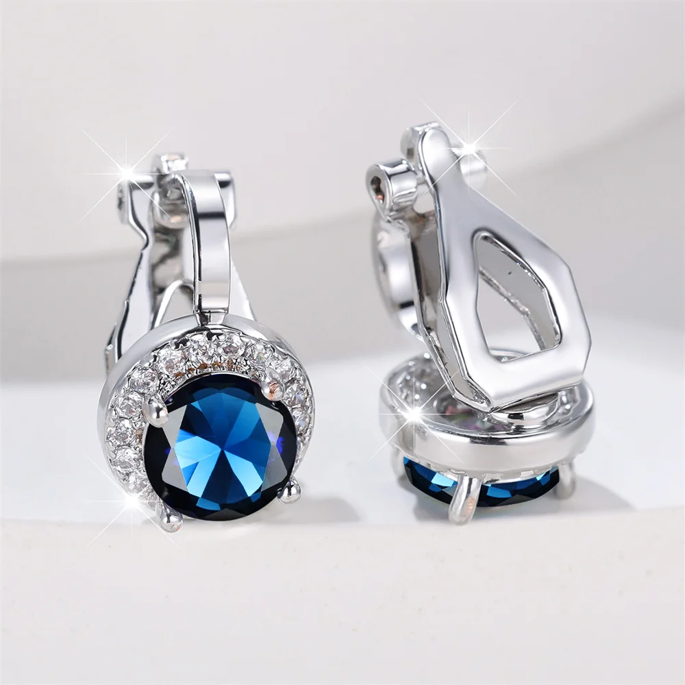 Mystic Rainbow Crystal Round Stone Clip Earrings For Women Rose Gold Silver Color Multicolor Zircon Jewelry Simple Fashion Gifts