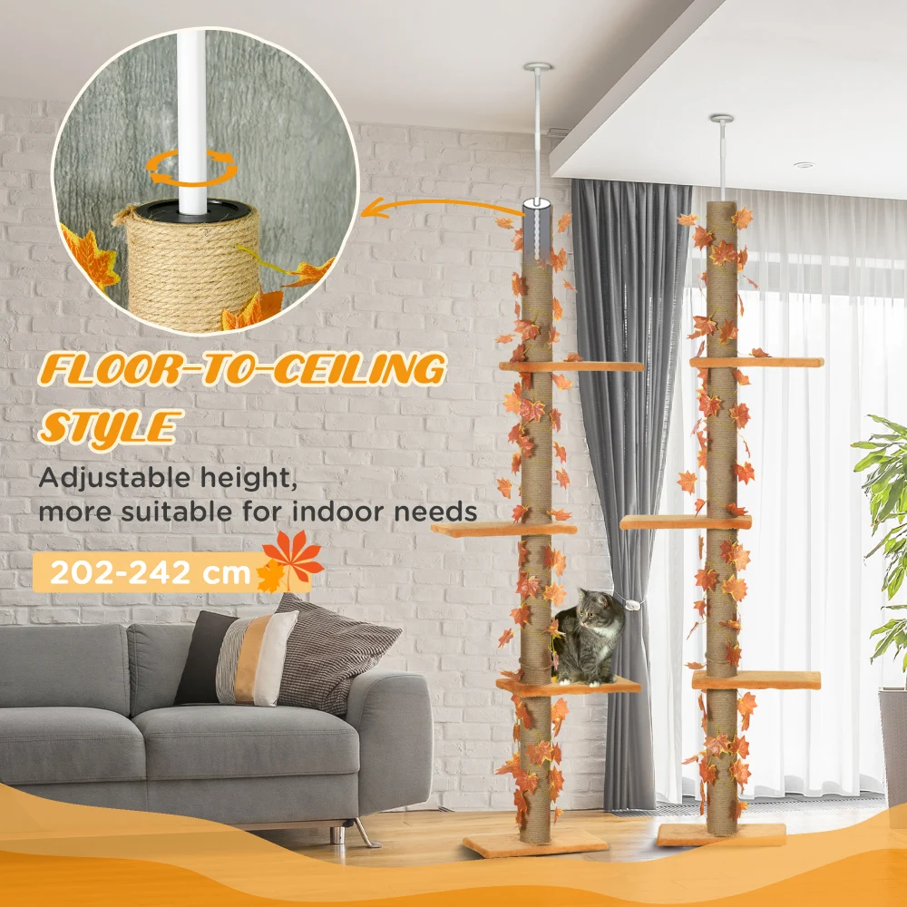 Pawhut Floor To Ceiling Cat Tree 80"-95" Adjustable Tall Cat Tower 3-Level Climbing Towe Indoor Sisal Scratching Post Platforms