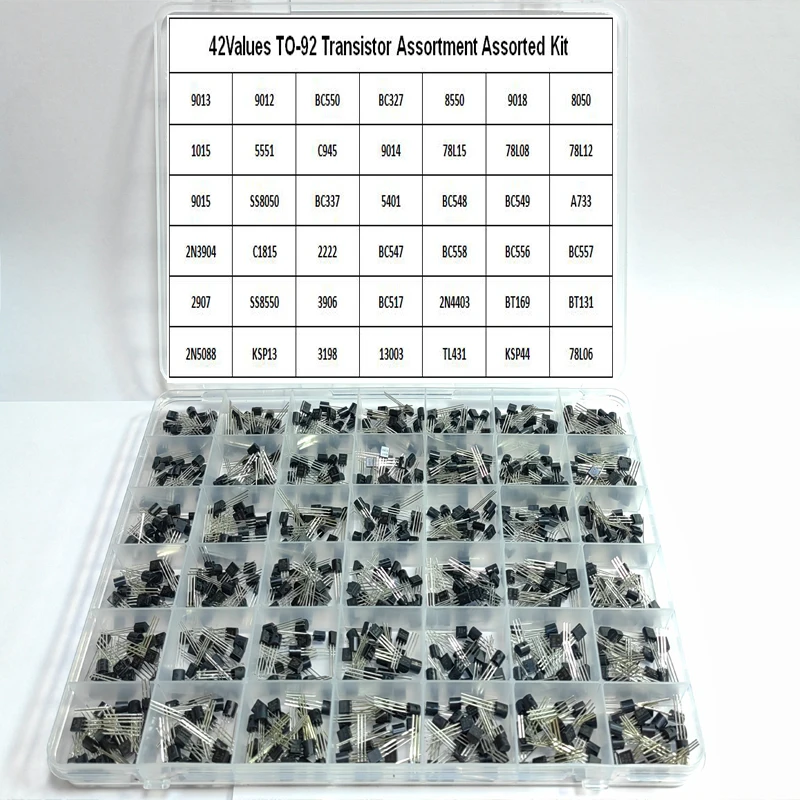 42-Wert-Transistoren-Kit NPN PNP S8050 S8550 S9012 2N3904 2N3906 C1815 A1015 MJE13001 BC327 BC337 BC517 BC547 BC548 BC549 BC558